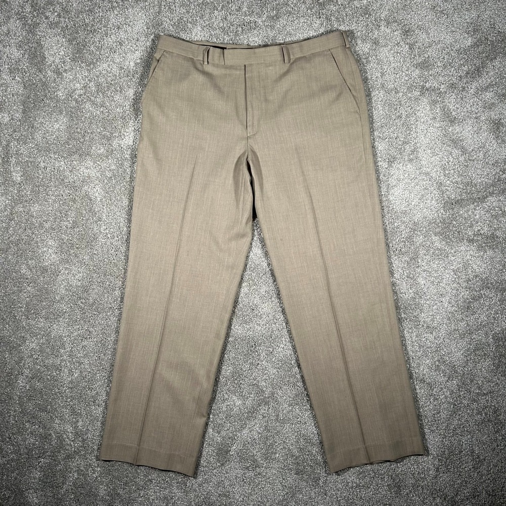 Perry Ellis Mens Tan Pinstripe Dress Pants Flat Front Trousers Khaki Taupe 40x31